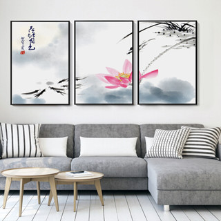 客厅装饰画新中式沙发背景墙画装饰客厅挂画壁画三联玄关画卧室电表箱装饰画布艺画 荷塘月色A 60*80cm爵士黑框（3.3-4.3米左右沙发建