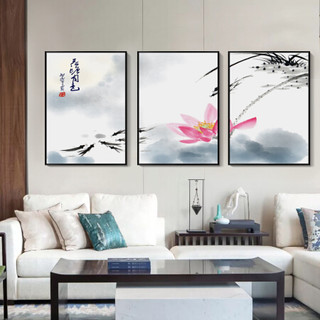客厅装饰画新中式沙发背景墙画装饰客厅挂画壁画三联玄关画卧室电表箱装饰画布艺画 荷塘月色A 60*80cm爵士黑框（3.3-4.3米左右沙发建