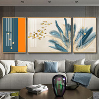 忆画晶瓷画客厅装饰画免打孔现代简约沙发背景墙餐厅挂画晶瓷镶钻玄关画北欧抽象卧室床头画有框画壁画 清羽 (两边50*70+中间90*70）cm拉丝亮钛金框