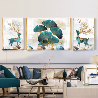 忆画晶瓷画客厅装饰画免打孔现代简约沙发背景墙餐厅挂画晶瓷镶钻玄关画北欧抽象卧室床头画有框画壁画 幸福安康 （两边40*60+中间80*60）cm拉丝亮钛金框