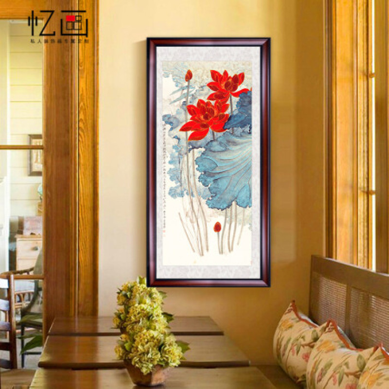 忆画张大千荷花玄关装饰画国画四联新中式挂画竖版过道走廊现代壁画客厅