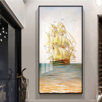 忆画玄关装饰画竖版晶瓷画轻奢现代简约新中式北欧抽象客厅挂画书房酒店办公室过道走廊竖版走廊壁画 《一帆风顺》晶瓷画 60*120cm拉丝亮钛金