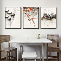 忆画新中式餐厅装饰画客厅二十四节气挂画沙发背景墙壁画玄关卧室玄关现代简约风格有框画 徽州人家三联 50*70cm爵士黑框