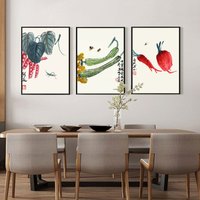 忆画新中式餐厅装饰画客厅二十四节气挂画沙发背景墙壁画玄关卧室玄关现代简约风格有框画 齐白石瓜果三联 40*60cm原木色框