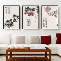 石涛十卉新中式客厅装饰画餐厅挂画现代简约壁画卧室床头画玄关沙发背景墙 水墨花卉B3款单幅 40*60cm原木色框