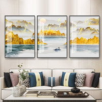 忆画客厅装饰画晶瓷画镶钻画现代简约大气沙发背景墙壁画免打孔挂画石来运转抽象麋鹿装饰挂画餐厅玄关画 《金山富水》晶瓷画三联 50*70cm拉丝亮钛金