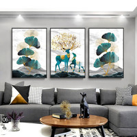 忆画客厅装饰画晶瓷画镶钻画现代简约大气沙发背景墙壁画免打孔挂画石来运转抽象麋鹿装饰挂画餐厅玄关画 《福禄幸福》晶瓷画三联 60*80cm拉丝亮钛金