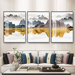 忆画客厅装饰画晶瓷画镶钻画现代简约大气沙发背景墙壁画免打孔挂画石来运转抽象麋鹿装饰挂画餐厅玄关画 《鎏金山川》晶瓷画三联 40*60cm拉丝亮钛金框