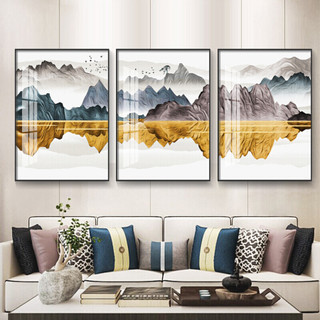 忆画客厅装饰画晶瓷画镶钻画现代简约大气沙发背景墙壁画免打孔挂画石来运转抽象麋鹿装饰挂画餐厅玄关画 《鎏金山川》晶瓷画三联 40*60cm拉丝亮钛金框