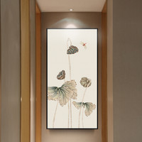 忆画新中式玄关装饰画竖版客厅挂画书房办公室酒店走廊过道壁画 《蜻蜓点水》 50*100CM原木色框