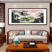 积善 客厅装饰画国画山水画旭日东升领导办公室沙发背景墙字画聚宝盆风水风景靠山图挂画壁画 旭日东升G 有框(实木外框+有机玻璃）268*110cm/幅