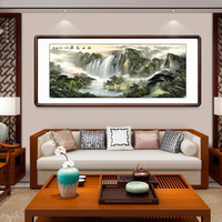 积善 客厅装饰画国画山水画旭日东升领导办公室沙发背景墙字画聚宝盆风水风景靠山图挂画壁画 松山飞瀑B 有框(实木外框+有机玻璃）165*80cm/幅