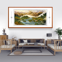 积善 客厅装饰画国画山水画旭日东升领导办公室沙发背景墙字画聚宝盆风水风景靠山图挂画壁画 福山秀水A新款工艺内嵌卡纸 有框(实木外框+有机玻璃）125*65cm/幅