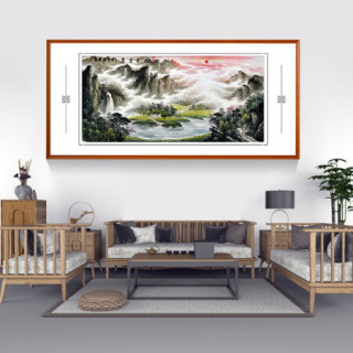 积善 客厅装饰画国画山水画旭日东升领导办公室沙发背景墙字画聚宝盆风水风景靠山图挂画壁画 旭日东升G新款工艺内嵌卡纸 有框(实木外框+有机玻璃）268*110cm/幅