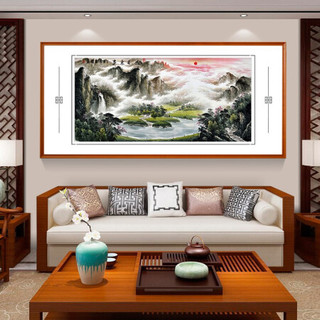 积善 客厅装饰画国画山水画旭日东升领导办公室沙发背景墙字画聚宝盆风水风景靠山图挂画壁画 旭日东升G新款工艺内嵌卡纸 有框(实木外框+有机玻璃）268*110cm/幅