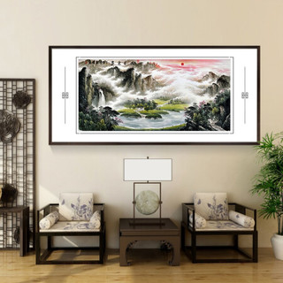 积善 客厅装饰画国画山水画旭日东升领导办公室沙发背景墙字画聚宝盆风水风景靠山图挂画壁画 旭日东升G新款工艺内嵌卡纸 有框(实木外框+有机玻璃）268*110cm/幅