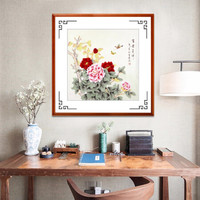 积善 名家手绘国画花鸟画客厅装饰画沙发背景墙壁画过道走廊玄关字画餐厅卧室挂画 富贵吉祥 名家手绘 85*85cm