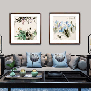 积善 新中式国画花鸟画客厅装饰画壁画沙发背景墙壁画走廊过道玄关画餐厅卧室挂画 J款 三尺斗方(实木外框+有机玻璃）65*65厘米
