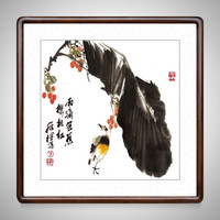 积善 中式国画花鸟画客厅装饰画走廊过道玄关挂画沙发背景墙壁画中堂画 雨滴芭蕉樱桃红 三尺斗方(实木外框+有机玻璃）65*65厘米
