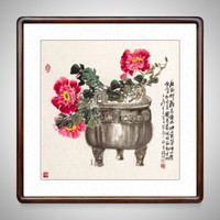 积善 中式国画花鸟画客厅装饰画走廊过道玄关挂画沙发背景墙壁画中堂画 鼎盛牡丹 (实木外框+有机玻璃）55*55厘米