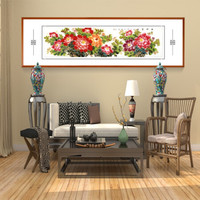 积善 国画花鸟画手绘牡丹字画中式客厅沙发背景墙装饰画办公室书房挂画卧室床头壁画 富贵满堂A 216X66CM