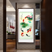 积善 九鱼图玄关装饰画竖版走廊过道挂画现代中式字画客厅壁画餐厅风水国画 年年有余 四尺165*80cm/幅（实木有框+有机玻璃）