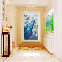 积善 欧式玄关装饰画竖版客厅卧室走廊挂画过道美式简约现代鲜花油画餐厅单幅壁画 吉祥孔雀(香槟金框) 60*120cm(欧洲进口画框防水工艺)