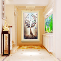 积善 欧式玄关装饰画竖版客厅卧室走廊挂画过道美式简约现代鲜花油画餐厅单幅壁画 吉祥麋鹿(香槟金框) 60*120cm(欧洲进口画框防水工艺)