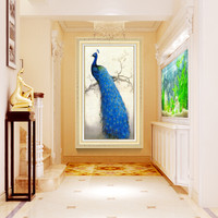 积善 欧式玄关装饰画竖版客厅卧室走廊挂画过道美式简约现代鲜花油画餐厅单幅壁画 蓝孔雀（香槟金框） 60*80cm（欧洲进口画框防水工艺）