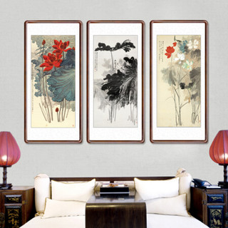 积善 新中式客厅装饰画张大千水墨荷花字画走廊过道玄关画沙发背景墙挂画壁画卧室书房画 水墨荷花（典雅黑胡桃色外框） 四尺带框165*80cm/幅