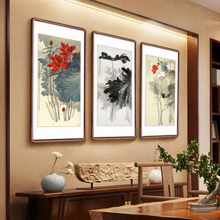 积善 新中式客厅装饰画张大千水墨荷花字画走廊过道玄关画沙发背景墙挂画壁画卧室书房画 水墨荷花（典雅黑胡桃色外框） 四尺带框165*80cm/幅