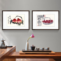 积善  现代中式装饰画国画客厅装饰画餐厅办公室玄关卧室挂画走廊过道壁画 齐白石双寿图 长寿图-黄杨木胡桃色 135*50cm/幅（实木外框+有机玻璃）