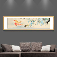 积善 客厅装饰画字画国画花鸟画办公室山水字画书房玄关走廊过道竖版挂画沙发背景墙装饰壁画 白木框年年有余 带框165*50cm/幅