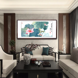 积善 现代中式简约客厅装饰画沙发背景墙挂画书房办公室壁画玄关过道走廊花鸟字画张大千水墨荷花画 嘉藕图 四尺带框165*80cm/幅