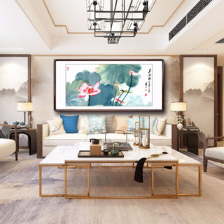 积善 现代中式简约客厅装饰画沙发背景墙挂画书房办公室壁画玄关过道走廊花鸟字画张大千水墨荷花画 嘉藕图 四尺带框165*80cm/幅
