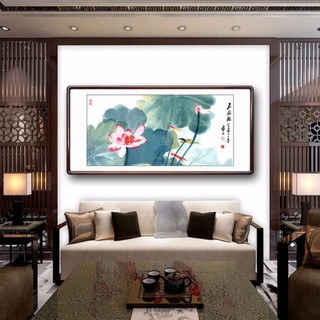 积善 现代中式简约客厅装饰画沙发背景墙挂画书房办公室壁画玄关过道走廊花鸟字画张大千水墨荷花画 嘉藕图 四尺带框165*80cm/幅