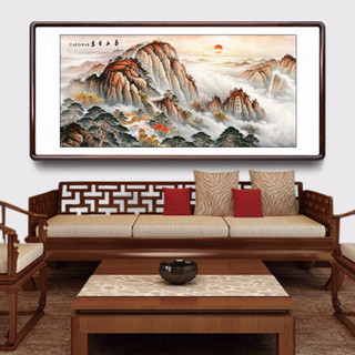 积善 中式装饰画国画山水画无水靠山书房客厅办公室挂画沙发背景墙画走廊过道玄关画竖幅泰山日出招财字画 横幅 三尺带框125*65cm/幅