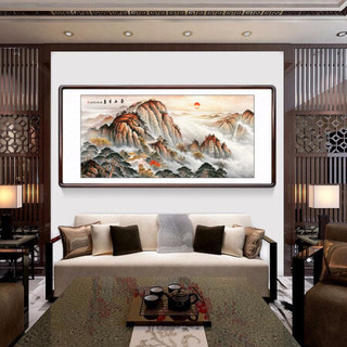 积善 中式装饰画国画山水画无水靠山书房客厅办公室挂画沙发背景墙画走廊过道玄关画竖幅泰山日出招财字画 横幅 三尺带框125*65cm/幅