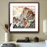 积善 中式装饰画国画山水画无水靠山书房客厅办公室挂画沙发背景墙画走廊过道玄关画竖幅泰山日出招财字画 斗方 55x55cm/幅