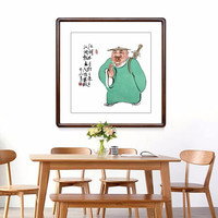 积善 现代新中式国画客厅装饰字画山水画沙发背景墙画办公室搞笑人物挂画餐厅走廊玄关壁画 活在当下 55x55实木外框+有机玻璃