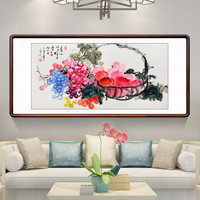 积善 中式装饰字画国画花鸟画客厅办公室沙发背景墙壁画卧室床头挂画 圆实满框 四尺带框165x80cm/幅