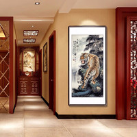 积善 中式手绘国画客厅沙发背景墙壁画装饰字画玄关过道走廊竖幅挂画上山虎挂画 王者雄风 四尺带框165*80cm/幅