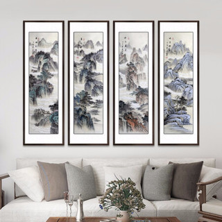 积善 中式手绘客厅装饰画四条屏山水画玄关画竖版卧室沙发背景墙壁画走廊过道挂画办公室字画 黄杨柚木色 四条屏带框165*50cm/幅