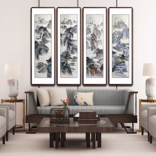 积善 中式手绘客厅装饰画四条屏山水画玄关画竖版卧室沙发背景墙壁画走廊过道挂画办公室字画 黄杨柚木色 四条屏带框165*50cm/幅