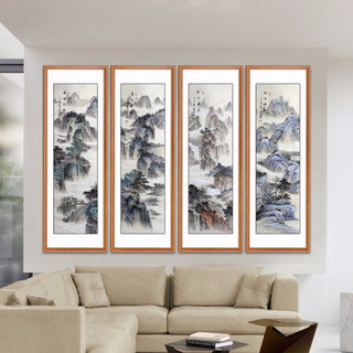 积善 中式手绘客厅装饰画四条屏山水画玄关画竖版卧室沙发背景墙壁画走廊过道挂画办公室字画 黄杨柚木色 四条屏带框165*50cm/幅