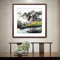 积善 名家手绘斗方山水画客厅装饰画字画沙发背景墙挂画壁画玄关过道走廊有框画 春山雅居 85x85cm/幅