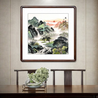 积善 名家手绘斗方山水画客厅装饰画字画沙发背景墙挂画壁画玄关过道走廊有框画 春泉流香 85x85cm/幅