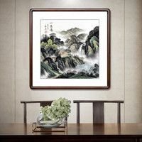 积善 名家手绘斗方山水画客厅装饰画字画沙发背景墙挂画壁画玄关过道走廊有框画 山居图 85x85cm/幅