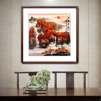 积善 名家手绘斗方山水画客厅装饰画字画沙发背景墙挂画壁画玄关过道走廊有框画 鸿运当头B 85x85cm/幅