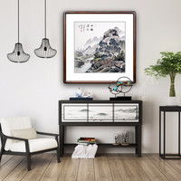 积善 名家手绘斗方山水画客厅装饰画字画沙发背景墙挂画壁画玄关过道走廊有框画 溪山烟云 85x85cm/幅